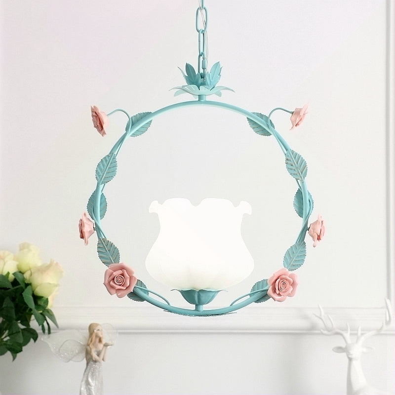 White Glass Round Ceiling Lamp Pastoral 1 Head Dining Room LED Suspension Pendant Light in Pink/Blue Pink Clearhalo 'Ceiling Lights' 'Chandeliers' 'Glass shade' 'Glass' 'Pendant Lights' 'Pendants' Lighting' 519545