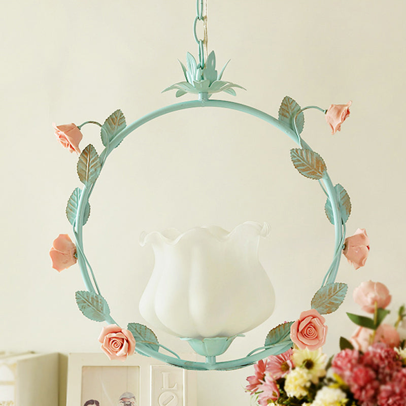 White Glass Round Ceiling Lamp Pastoral 1 Head Dining Room LED Suspension Pendant Light in Pink/Blue Clearhalo 'Ceiling Lights' 'Chandeliers' 'Glass shade' 'Glass' 'Pendant Lights' 'Pendants' Lighting' 519546