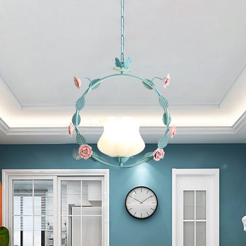 White Glass Round Ceiling Lamp Pastoral 1 Head Dining Room LED Suspension Pendant Light in Pink/Blue Clearhalo 'Ceiling Lights' 'Chandeliers' 'Glass shade' 'Glass' 'Pendant Lights' 'Pendants' Lighting' 519547