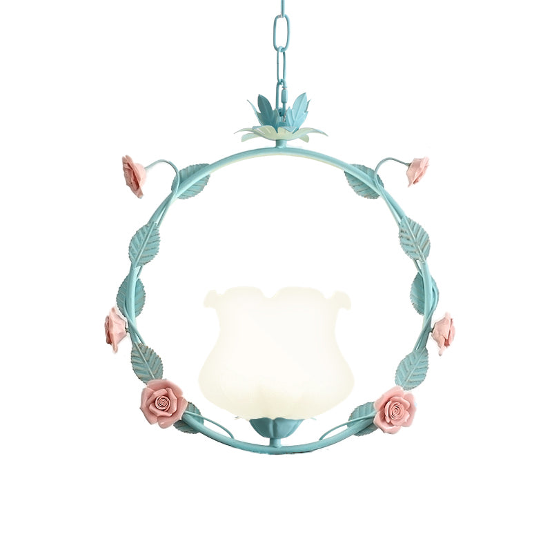White Glass Round Ceiling Lamp Pastoral 1 Head Dining Room LED Suspension Pendant Light in Pink/Blue Clearhalo 'Ceiling Lights' 'Chandeliers' 'Glass shade' 'Glass' 'Pendant Lights' 'Pendants' Lighting' 519548