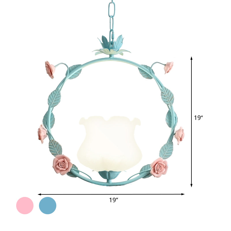 White Glass Round Ceiling Lamp Pastoral 1 Head Dining Room LED Suspension Pendant Light in Pink/Blue Clearhalo 'Ceiling Lights' 'Chandeliers' 'Glass shade' 'Glass' 'Pendant Lights' 'Pendants' Lighting' 519549