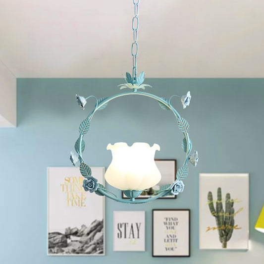 White Glass Round Ceiling Lamp Pastoral 1 Head Dining Room LED Suspension Pendant Light in Pink/Blue Blue Clearhalo 'Ceiling Lights' 'Chandeliers' 'Glass shade' 'Glass' 'Pendant Lights' 'Pendants' Lighting' 519550
