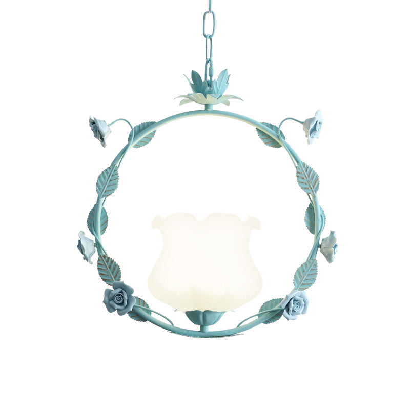 White Glass Round Ceiling Lamp Pastoral 1 Head Dining Room LED Suspension Pendant Light in Pink/Blue Clearhalo 'Ceiling Lights' 'Chandeliers' 'Glass shade' 'Glass' 'Pendant Lights' 'Pendants' Lighting' 519552