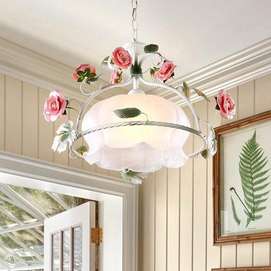 Korean Garden Floral Hanging Pendant 1 Head White Glass Down Lighting for Dining Room White Clearhalo 'Ceiling Lights' 'Glass shade' 'Glass' 'Pendant Lights' 'Pendants' Lighting' 519553