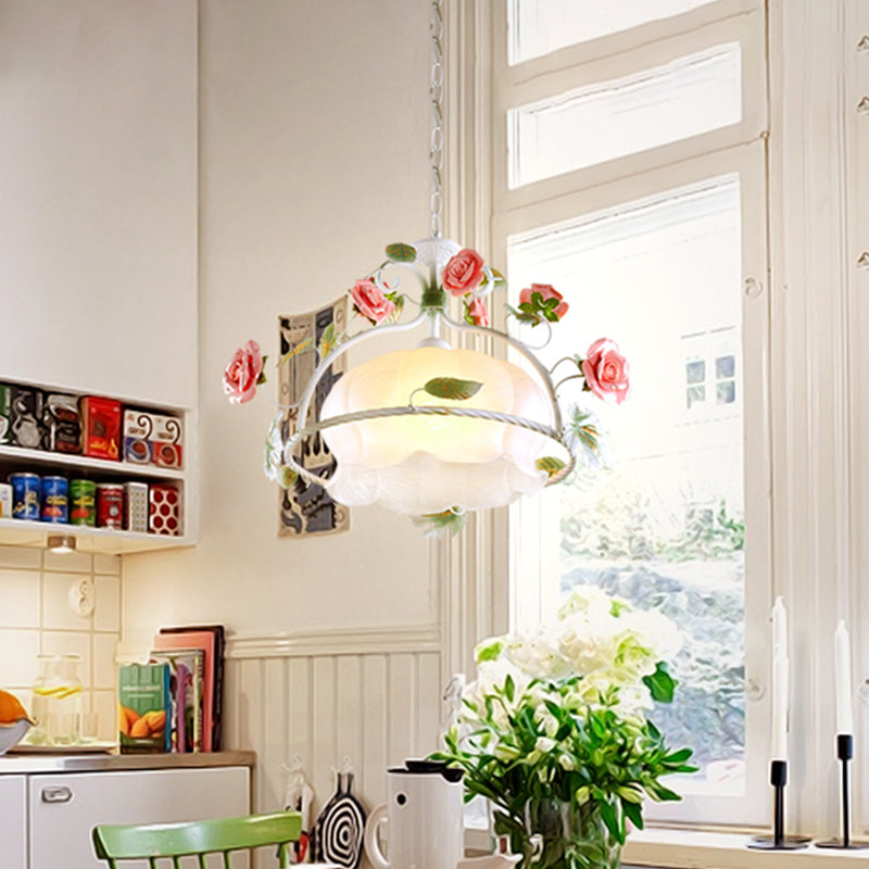 Korean Garden Floral Hanging Pendant 1 Head White Glass Down Lighting for Dining Room Clearhalo 'Ceiling Lights' 'Glass shade' 'Glass' 'Pendant Lights' 'Pendants' Lighting' 519555