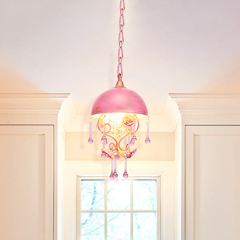 Pink/Blue Dome Hanging Lamp Pastoral Metal 1 Bulb Living Room Pendant Light Fixture with Rose Decoration Clearhalo 'Ceiling Lights' 'Pendant Lights' 'Pendants' Lighting' 519558