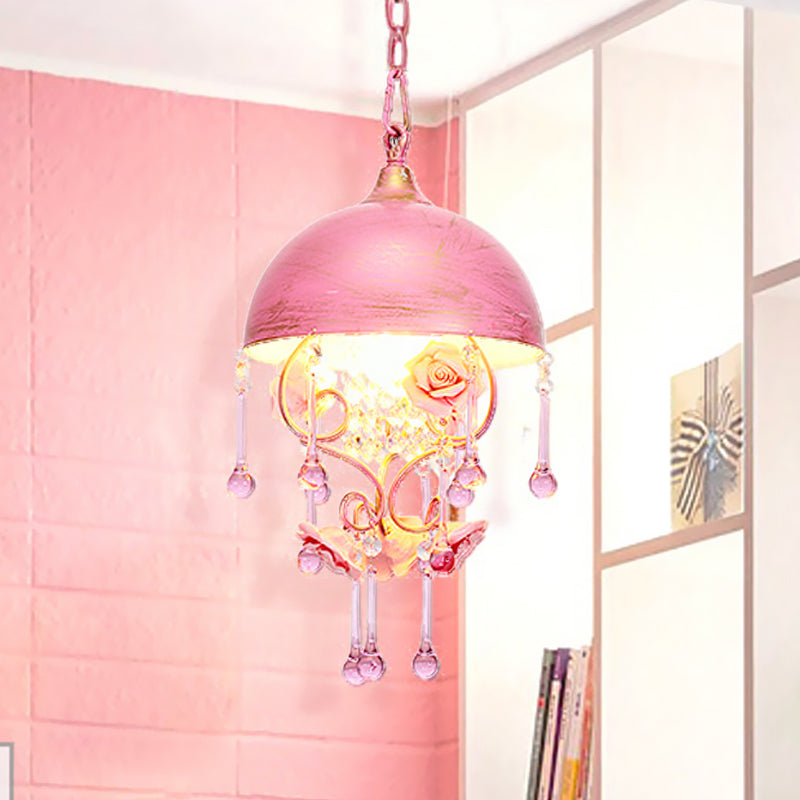 Pink/Blue Dome Hanging Lamp Pastoral Metal 1 Bulb Living Room Pendant Light Fixture with Rose Decoration Clearhalo 'Ceiling Lights' 'Pendant Lights' 'Pendants' Lighting' 519559