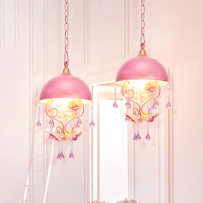 Pink/Blue Dome Hanging Lamp Pastoral Metal 1 Bulb Living Room Pendant Light Fixture with Rose Decoration Clearhalo 'Ceiling Lights' 'Pendant Lights' 'Pendants' Lighting' 519560