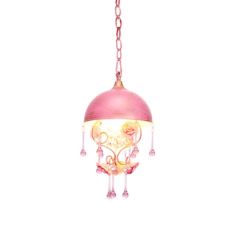 Pink/Blue Dome Hanging Lamp Pastoral Metal 1 Bulb Living Room Pendant Light Fixture with Rose Decoration Clearhalo 'Ceiling Lights' 'Pendant Lights' 'Pendants' Lighting' 519561