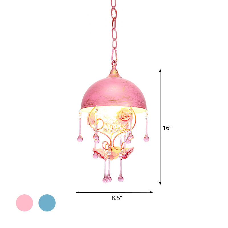 Pink/Blue Dome Hanging Lamp Pastoral Metal 1 Bulb Living Room Pendant Light Fixture with Rose Decoration Clearhalo 'Ceiling Lights' 'Pendant Lights' 'Pendants' Lighting' 519562