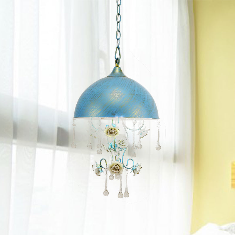 Pink/Blue Dome Hanging Lamp Pastoral Metal 1 Bulb Living Room Pendant Light Fixture with Rose Decoration Clearhalo 'Ceiling Lights' 'Pendant Lights' 'Pendants' Lighting' 519563