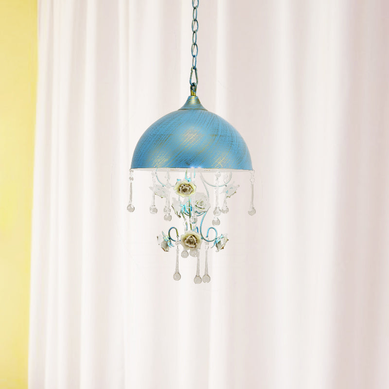 Pink/Blue Dome Hanging Lamp Pastoral Metal 1 Bulb Living Room Pendant Light Fixture with Rose Decoration Clearhalo 'Ceiling Lights' 'Pendant Lights' 'Pendants' Lighting' 519564