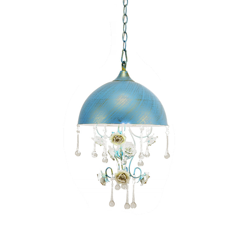 Pink/Blue Dome Hanging Lamp Pastoral Metal 1 Bulb Living Room Pendant Light Fixture with Rose Decoration Clearhalo 'Ceiling Lights' 'Pendant Lights' 'Pendants' Lighting' 519565