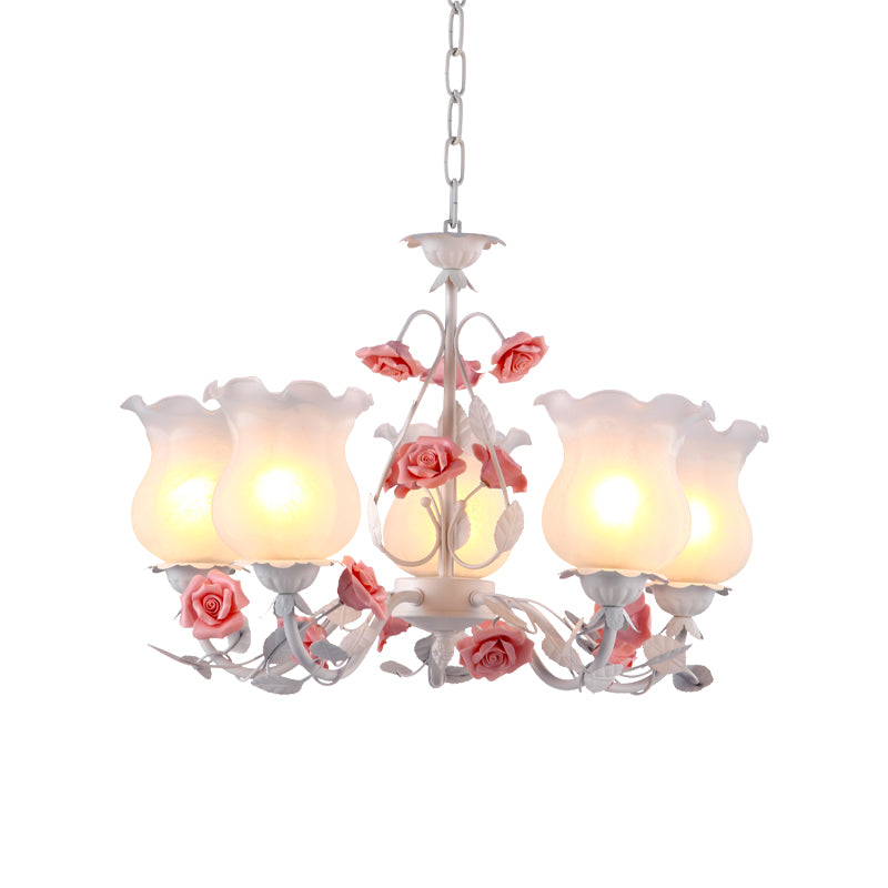 Flower White Glass Chandelier Light Pastoral 5 Bulbs Dining Room Pendant Lighting Fixture in Pink Clearhalo 'Ceiling Lights' 'Chandeliers' 'Glass shade' 'Glass' 'Pendant Lights' Lighting' 519568