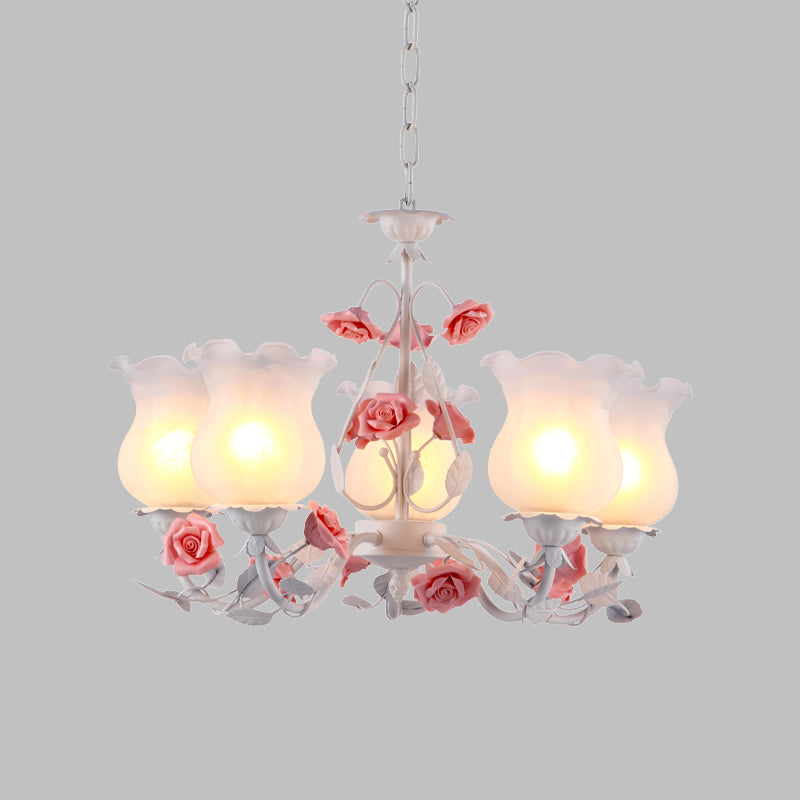 Flower White Glass Chandelier Light Pastoral 5 Bulbs Dining Room Pendant Lighting Fixture in Pink Clearhalo 'Ceiling Lights' 'Chandeliers' 'Glass shade' 'Glass' 'Pendant Lights' Lighting' 519569