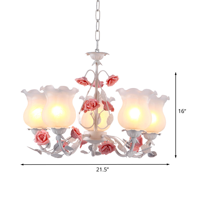 Flower White Glass Chandelier Light Pastoral 5 Bulbs Dining Room Pendant Lighting Fixture in Pink Clearhalo 'Ceiling Lights' 'Chandeliers' 'Glass shade' 'Glass' 'Pendant Lights' Lighting' 519570