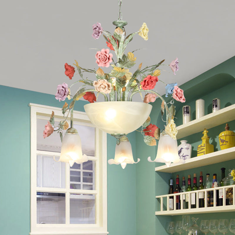 Metal Green Chandelier Lighting Fixture Rose 7/10 Bulbs Korean Garden LED Hanging Ceiling Light for Stair Clearhalo 'Ceiling Lights' 'Chandeliers' Lighting' options 519571