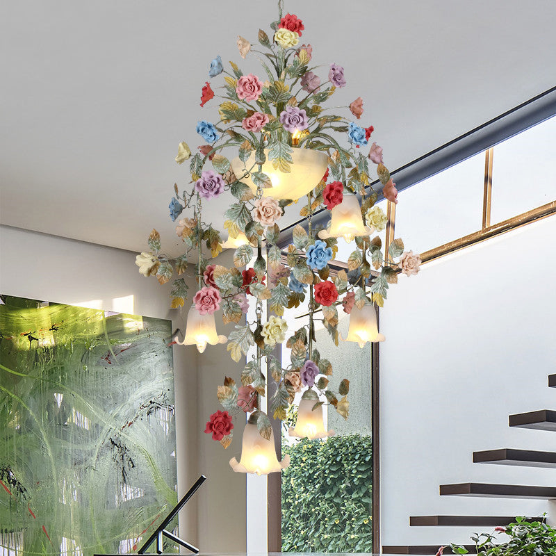 Metal Green Chandelier Lighting Fixture Rose 7/10 Bulbs Korean Garden LED Hanging Ceiling Light for Stair Clearhalo 'Ceiling Lights' 'Chandeliers' Lighting' options 519576