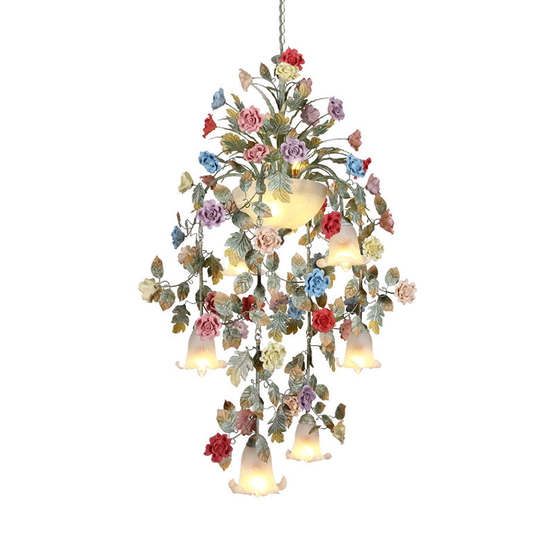 Metal Green Chandelier Lighting Fixture Rose 7/10 Bulbs Korean Garden LED Hanging Ceiling Light for Stair Clearhalo 'Ceiling Lights' 'Chandeliers' Lighting' options 519578