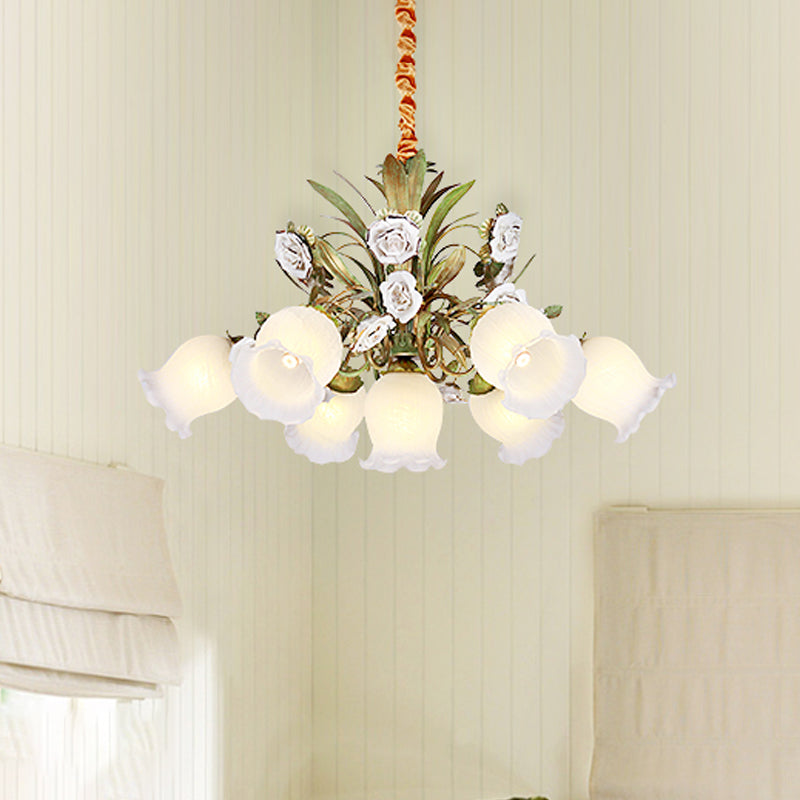 Floral Bedroom Chandelier Light Pastoral Metal 4/7 Heads Green Ceiling Lamp with Rose Decoration Clearhalo 'Ceiling Lights' 'Chandeliers' Lighting' options 519580