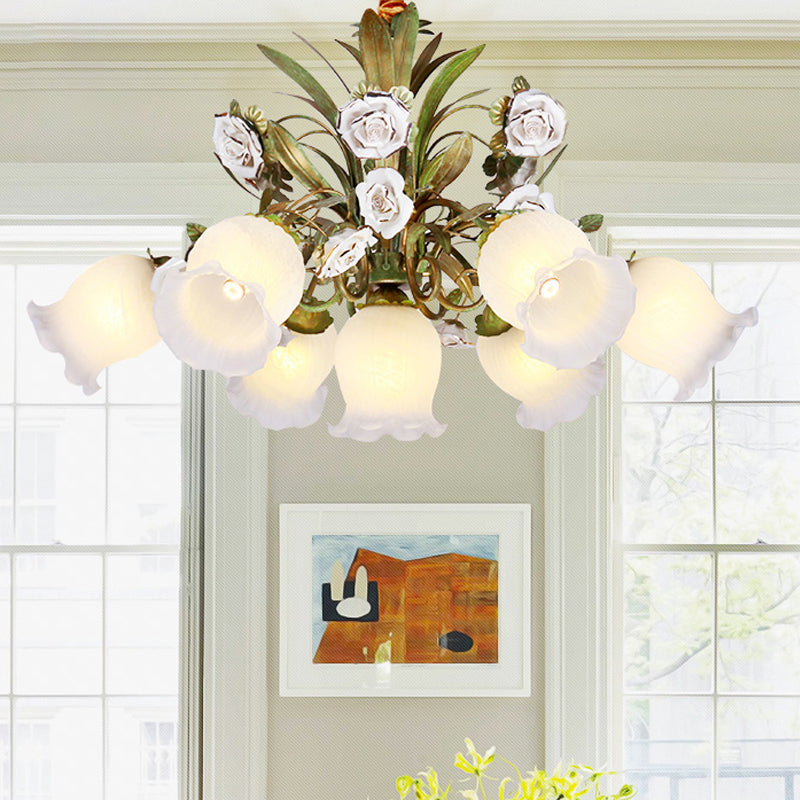 Floral Bedroom Chandelier Light Pastoral Metal 4/7 Heads Green Ceiling Lamp with Rose Decoration Clearhalo 'Ceiling Lights' 'Chandeliers' Lighting' options 519581