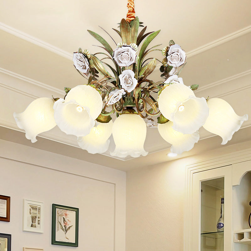 Floral Bedroom Chandelier Light Pastoral Metal 4/7 Heads Green Ceiling Lamp with Rose Decoration Clearhalo 'Ceiling Lights' 'Chandeliers' Lighting' options 519582