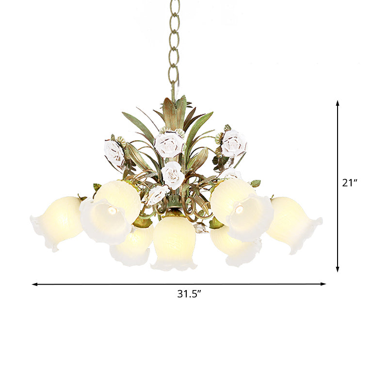 Floral Bedroom Chandelier Light Pastoral Metal 4/7 Heads Green Ceiling Lamp with Rose Decoration Clearhalo 'Ceiling Lights' 'Chandeliers' Lighting' options 519584