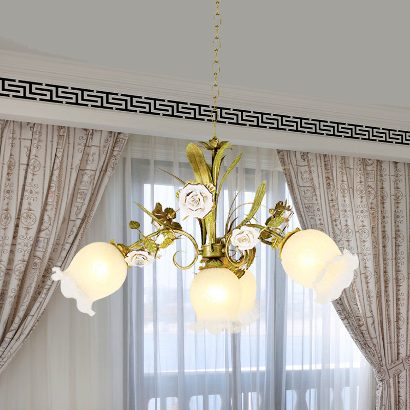 Floral Bedroom Chandelier Light Pastoral Metal 4/7 Heads Green Ceiling Lamp with Rose Decoration Clearhalo 'Ceiling Lights' 'Chandeliers' Lighting' options 519585