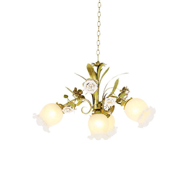 Floral Bedroom Chandelier Light Pastoral Metal 4/7 Heads Green Ceiling Lamp with Rose Decoration Clearhalo 'Ceiling Lights' 'Chandeliers' Lighting' options 519587