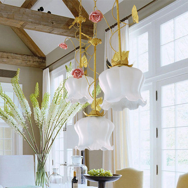 Blossom Dining Room Cluster Pendant Countryside Metal 3 Heads Green LED Suspension Light with Round/Linear Canopy Clearhalo 'Ceiling Lights' 'Pendant Lights' 'Pendants' Lighting' 519603