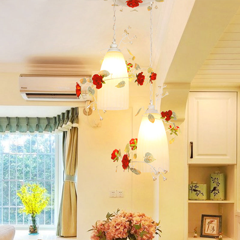 White 2/3 Bulbs Multi Light Pendant Pastoral Metal Elongated Dome Flower Ceiling Lamp for Dining Room 2 White Clearhalo 'Ceiling Lights' 'Pendant Lights' 'Pendants' Lighting' 519612_4c7e4cc2-358a-465a-b95a-28a6f856c597