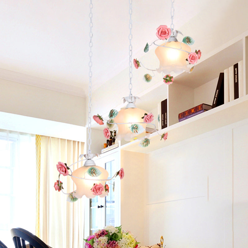 3 Lights Scalloped Cluster Pendant Pastoral White Metal Flower Hanging Light for Dining Room Clearhalo 'Ceiling Lights' 'Pendant Lights' 'Pendants' Lighting' 519616