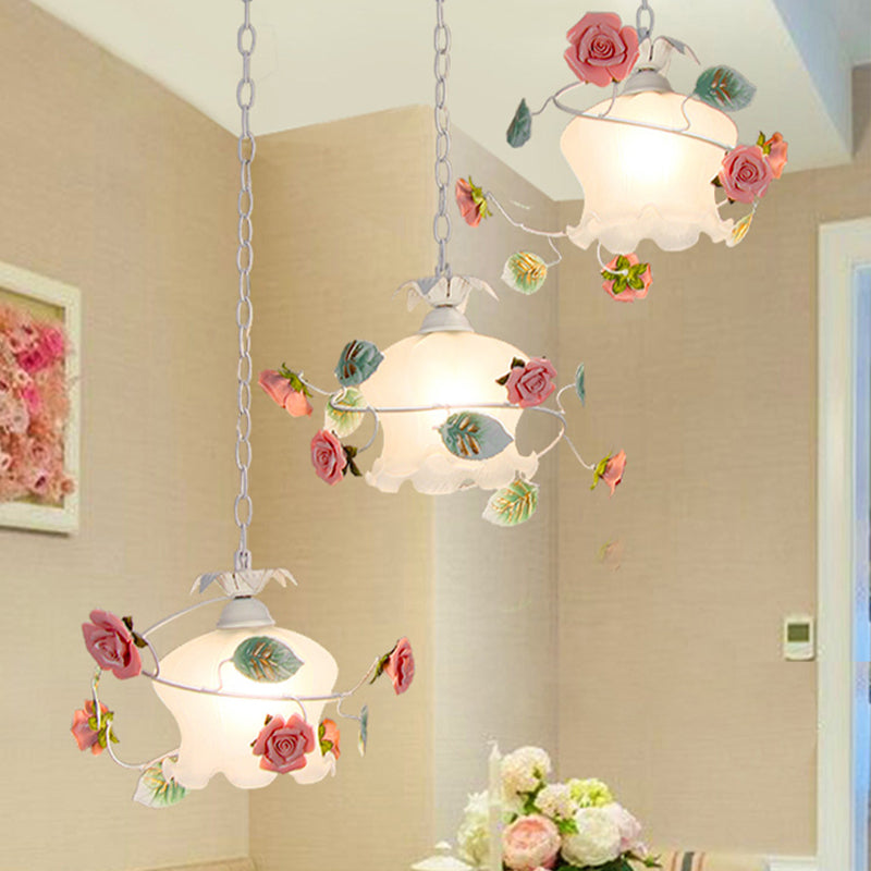 3 Lights Scalloped Cluster Pendant Pastoral White Metal Flower Hanging Light for Dining Room Clearhalo 'Ceiling Lights' 'Pendant Lights' 'Pendants' Lighting' 519617