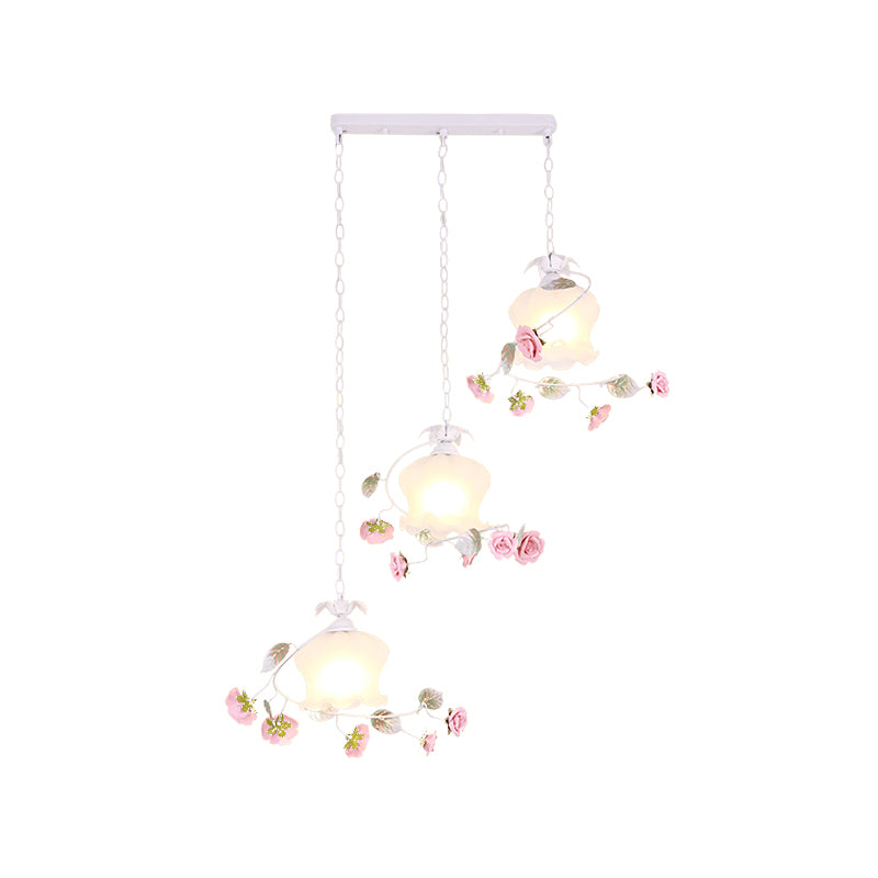 3 Lights Scalloped Cluster Pendant Pastoral White Metal Flower Hanging Light for Dining Room Clearhalo 'Ceiling Lights' 'Pendant Lights' 'Pendants' Lighting' 519618