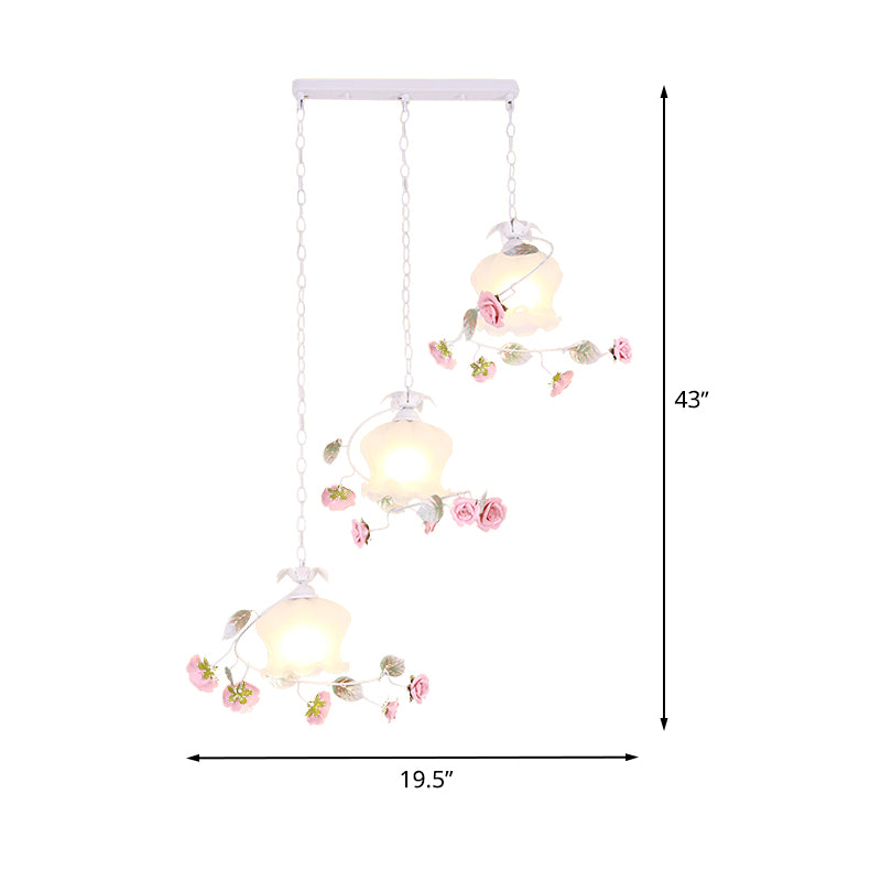 3 Lights Scalloped Cluster Pendant Pastoral White Metal Flower Hanging Light for Dining Room Clearhalo 'Ceiling Lights' 'Pendant Lights' 'Pendants' Lighting' 519620