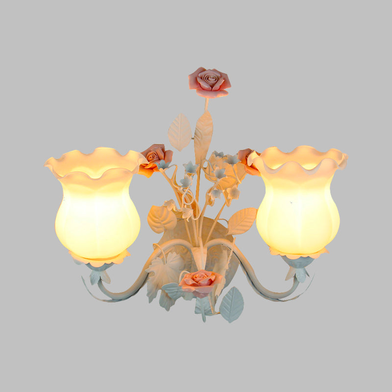 Curvy Arm Bedroom Sconce Light Pastoral Metal 2 Heads Yellow/Pink/Blue Flower Wall Lighting Fixture Clearhalo 'Wall Lamps & Sconces' 'Wall Lights' Lighting' 519624