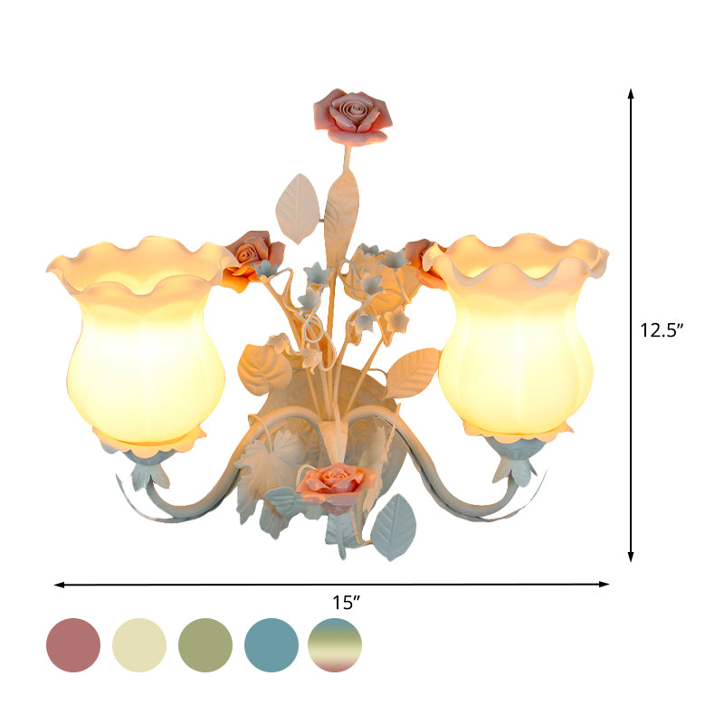 Curvy Arm Bedroom Sconce Light Pastoral Metal 2 Heads Yellow/Pink/Blue Flower Wall Lighting Fixture Clearhalo 'Wall Lamps & Sconces' 'Wall Lights' Lighting' 519625