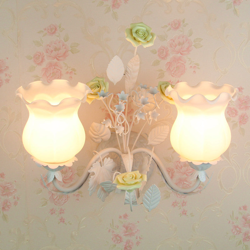 Curvy Arm Bedroom Sconce Light Pastoral Metal 2 Heads Yellow/Pink/Blue Flower Wall Lighting Fixture Yellow Clearhalo 'Wall Lamps & Sconces' 'Wall Lights' Lighting' 519626