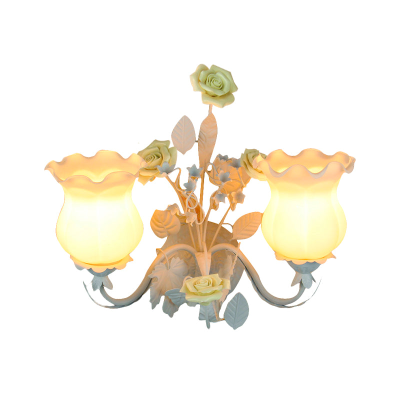 Curvy Arm Bedroom Sconce Light Pastoral Metal 2 Heads Yellow/Pink/Blue Flower Wall Lighting Fixture Clearhalo 'Wall Lamps & Sconces' 'Wall Lights' Lighting' 519628