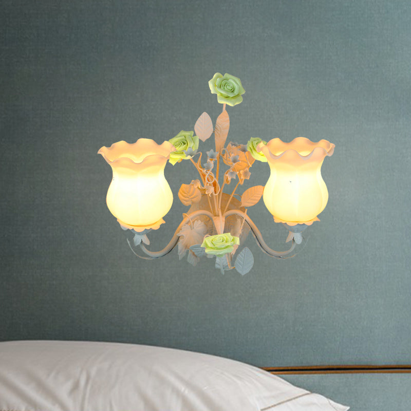 Curvy Arm Bedroom Sconce Light Pastoral Metal 2 Heads Yellow/Pink/Blue Flower Wall Lighting Fixture Clearhalo 'Wall Lamps & Sconces' 'Wall Lights' Lighting' 519630