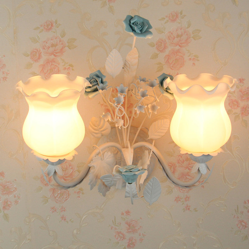 Curvy Arm Bedroom Sconce Light Pastoral Metal 2 Heads Yellow/Pink/Blue Flower Wall Lighting Fixture Blue Clearhalo 'Wall Lamps & Sconces' 'Wall Lights' Lighting' 519632