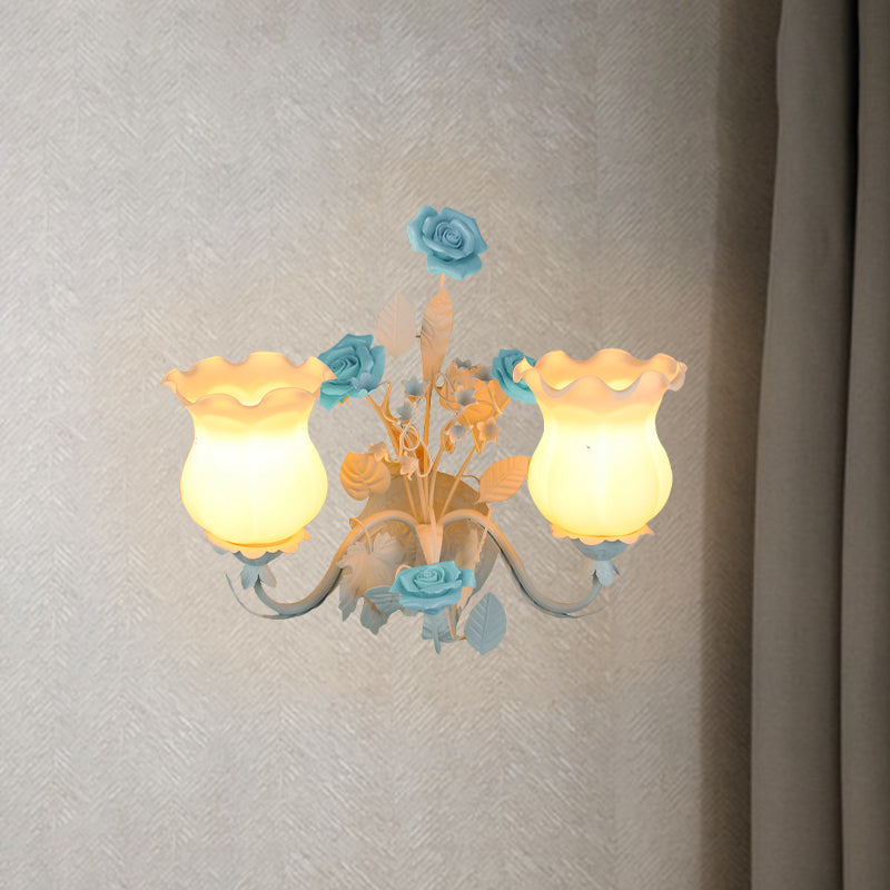 Curvy Arm Bedroom Sconce Light Pastoral Metal 2 Heads Yellow/Pink/Blue Flower Wall Lighting Fixture Clearhalo 'Wall Lamps & Sconces' 'Wall Lights' Lighting' 519633