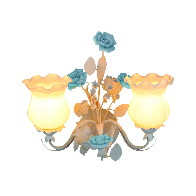 Curvy Arm Bedroom Sconce Light Pastoral Metal 2 Heads Yellow/Pink/Blue Flower Wall Lighting Fixture Clearhalo 'Wall Lamps & Sconces' 'Wall Lights' Lighting' 519634