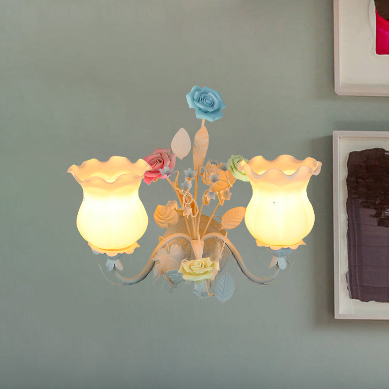 Curvy Arm Bedroom Sconce Light Pastoral Metal 2 Heads Yellow/Pink/Blue Flower Wall Lighting Fixture Clearhalo 'Wall Lamps & Sconces' 'Wall Lights' Lighting' 519636