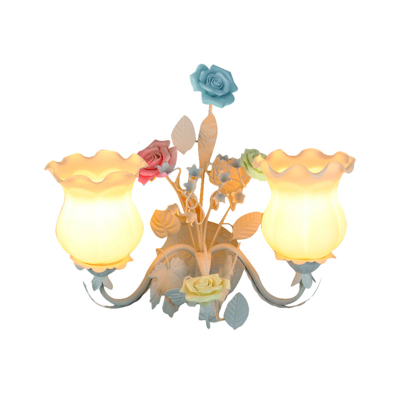 Curvy Arm Bedroom Sconce Light Pastoral Metal 2 Heads Yellow/Pink/Blue Flower Wall Lighting Fixture Clearhalo 'Wall Lamps & Sconces' 'Wall Lights' Lighting' 519637