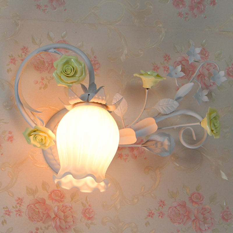 Pastoral Floral Wall Mount Lamp 1 Head Metal Wall Sconce Light in Yellow/Pink/Blue for Bedroom Clearhalo 'Wall Lamps & Sconces' 'Wall Lights' Lighting' 519653