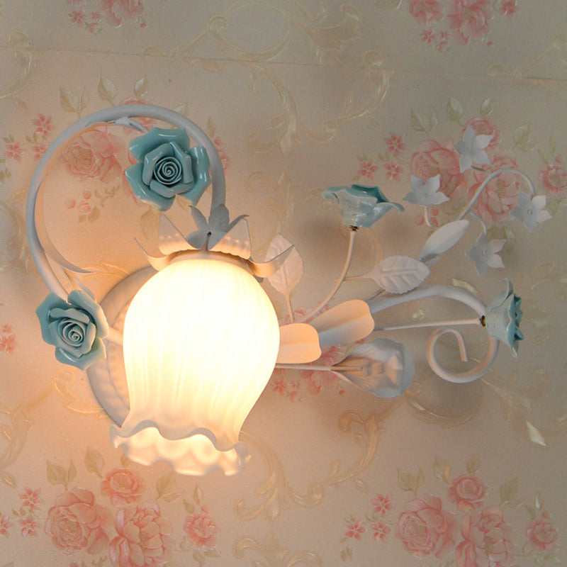 Pastoral Floral Wall Mount Lamp 1 Head Metal Wall Sconce Light in Yellow/Pink/Blue for Bedroom Blue Clearhalo 'Wall Lamps & Sconces' 'Wall Lights' Lighting' 519657