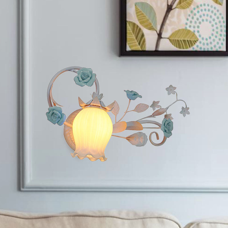 Pastoral Floral Wall Mount Lamp 1 Head Metal Wall Sconce Light in Yellow/Pink/Blue for Bedroom Clearhalo 'Wall Lamps & Sconces' 'Wall Lights' Lighting' 519658