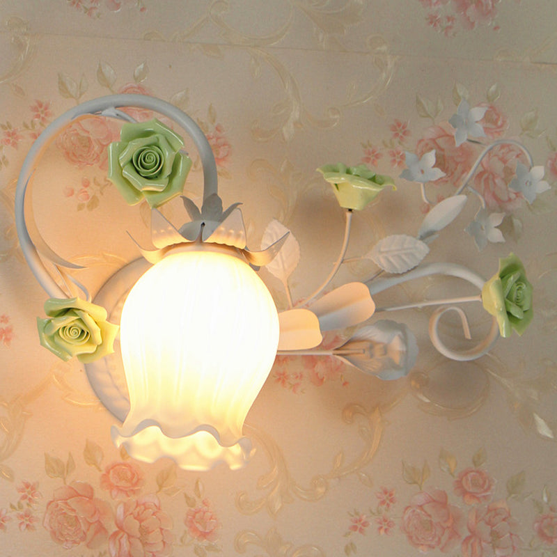 Pastoral Floral Wall Mount Lamp 1 Head Metal Wall Sconce Light in Yellow/Pink/Blue for Bedroom Green Clearhalo 'Wall Lamps & Sconces' 'Wall Lights' Lighting' 519660