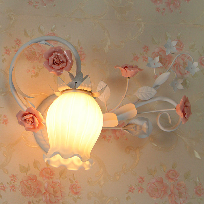 Pastoral Floral Wall Mount Lamp 1 Head Metal Wall Sconce Light in Yellow/Pink/Blue for Bedroom Pink Clearhalo 'Wall Lamps & Sconces' 'Wall Lights' Lighting' 519663